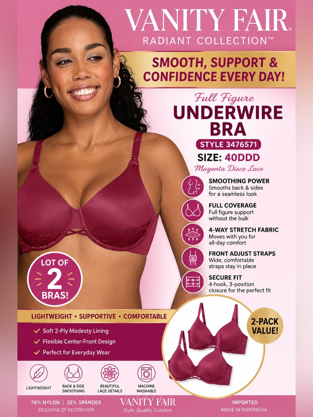 Lot of 2 Vanity Fair Radiant Full Coverage Underwire Bras 40DDD Magenta Red - Picture 2 of 16
